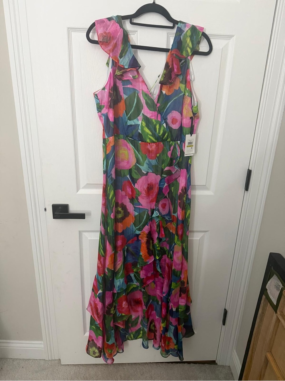 Kensie Vibrant Floral Ruffle V-Neck Maxi Dress - Pink & Green - Picture 7 of 11